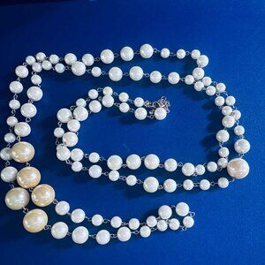 60" Faux Pearls Multi-Strand Rope Necklace – White & Champagne Beads